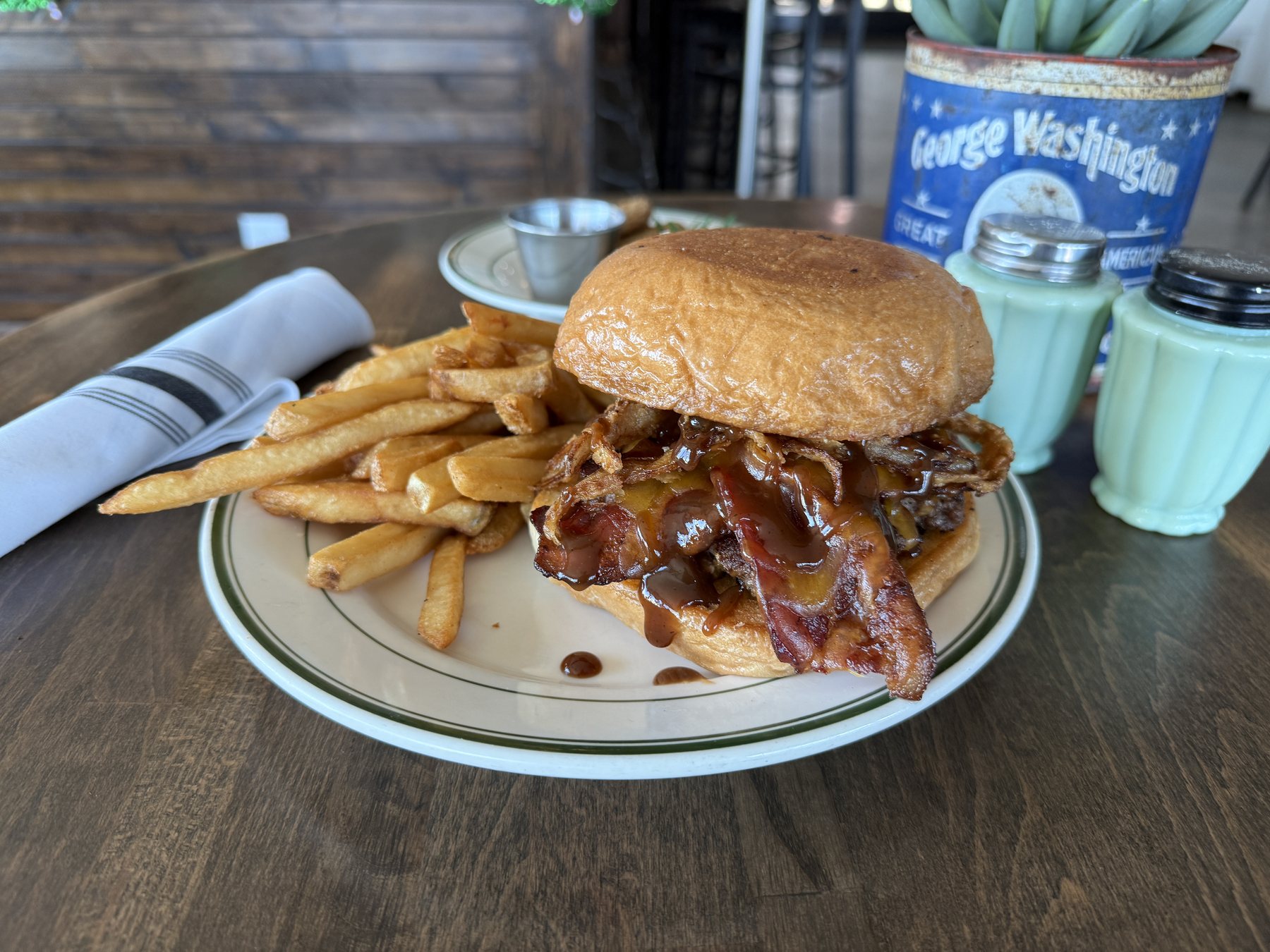 The Buford T burger with bacon, cheddar, fried onion and Dr Pepper BBQ glaze