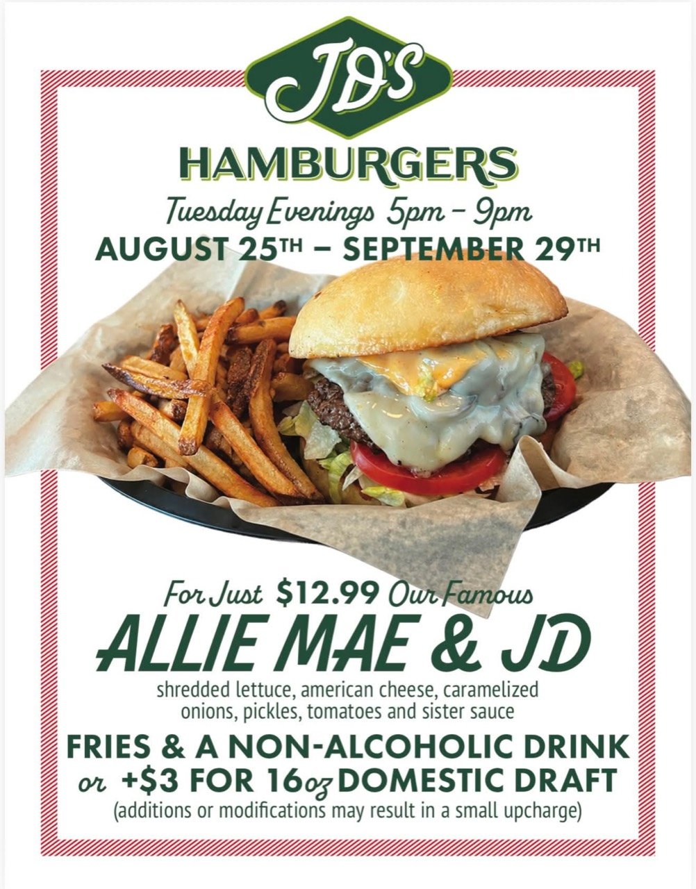 $12.99 Allie Mae & JD Tuesdays at JD’s Hamburgers