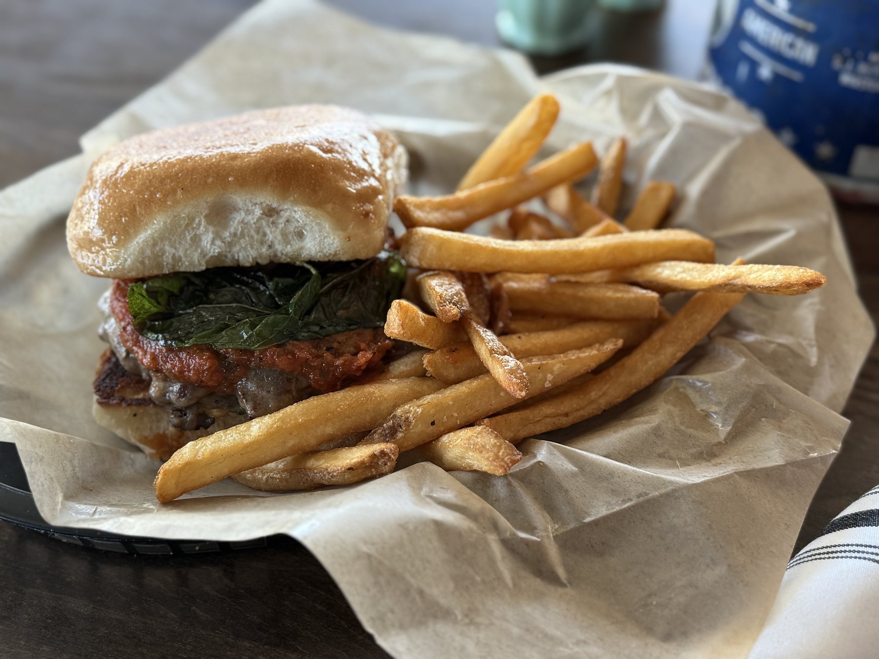 Margie’s Burger with house-made marinara, mozzarella, and fried basil